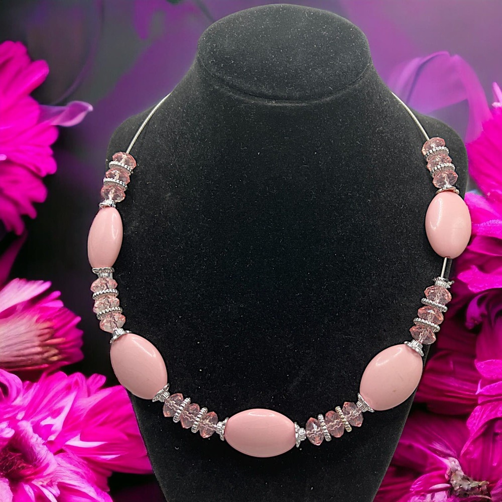 Pink Beaded Crystals Silver-Tone Necklace!